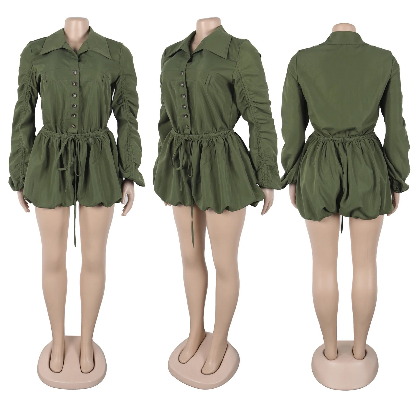 Elegant Ruched Drawstring Patchwork Rompers Woman Solid Color Lantern Sleeve Jumpsuits