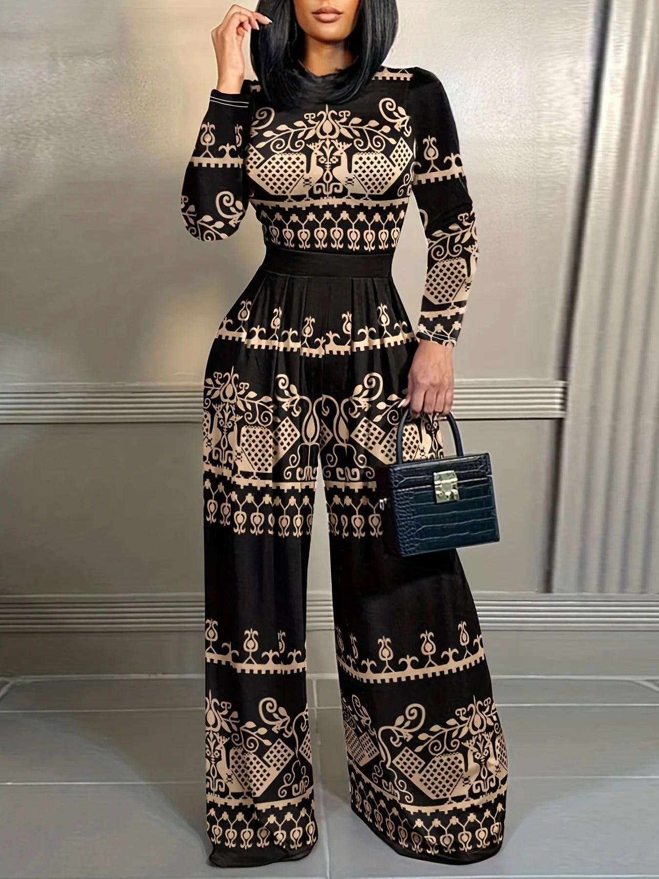 Elegant Women Stand Neck Wide Leg Rompers Casual Waist Jumpsuits Streetwear