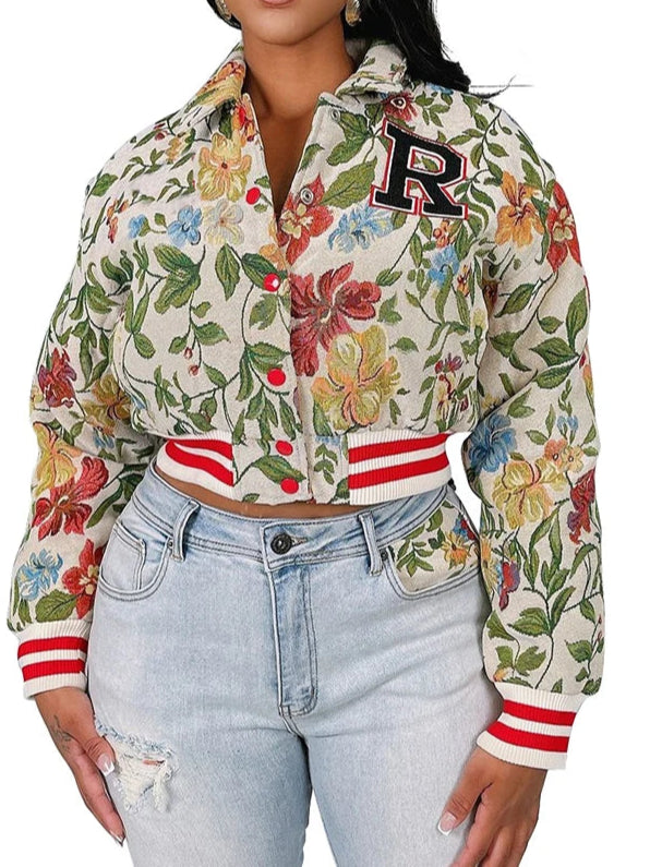 Flower Print Coat Crop Tops Women Lapel Long Sleeve Button Baseball Jacket