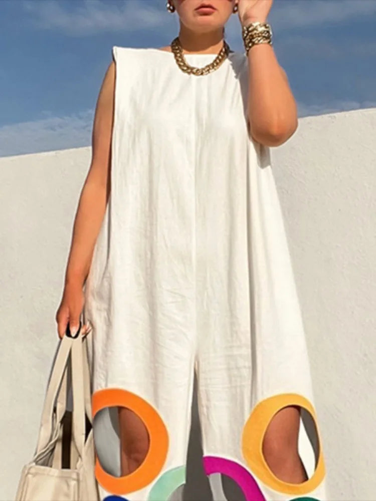 Women Fashion Rainbow Hollow Wide Leg Jumpsuits Urban Office Overalls