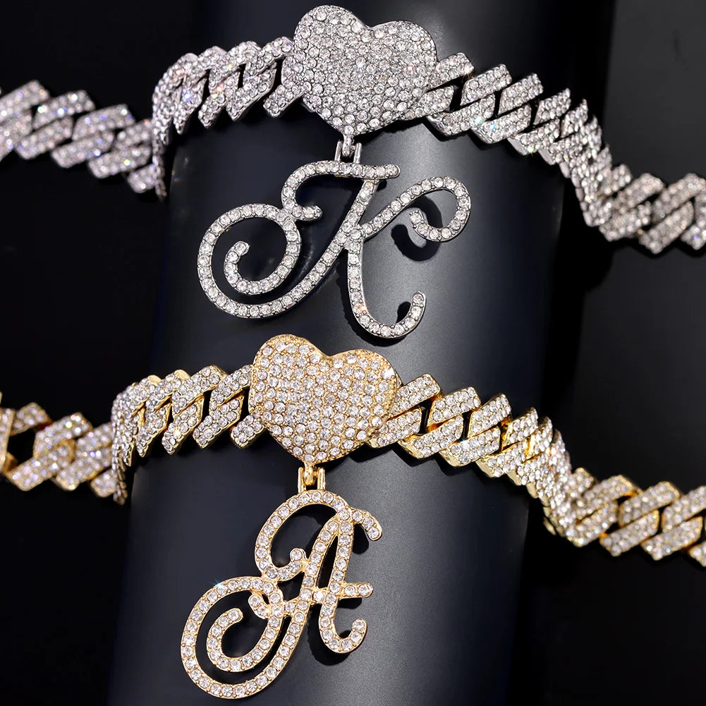 A-Z Cursive Initial Letter Cuban Anklets Bracelet For Women 14mm Iced