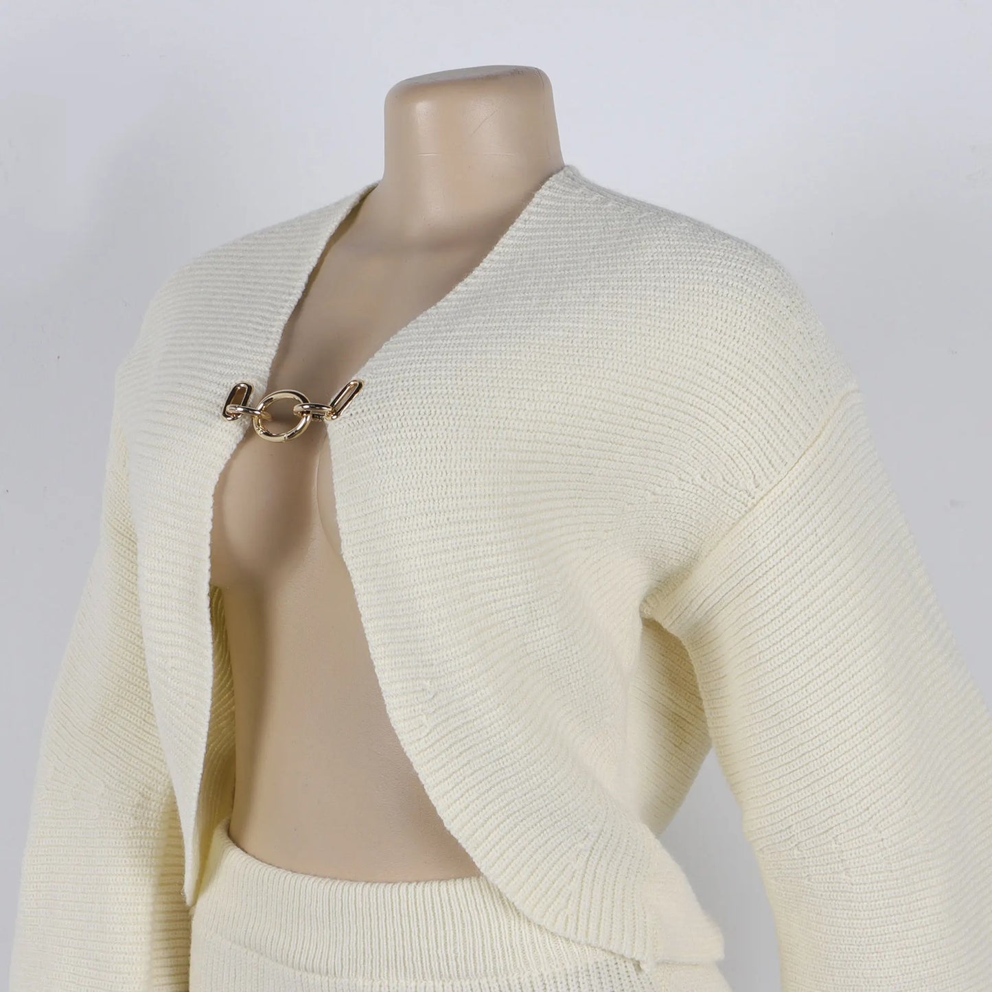 High Quality Elegant Knit Women 2 Piece Set Outfit Hollow Out Lantern Sleeve Crop Cardigan + Long Skirt Suit Streetwear