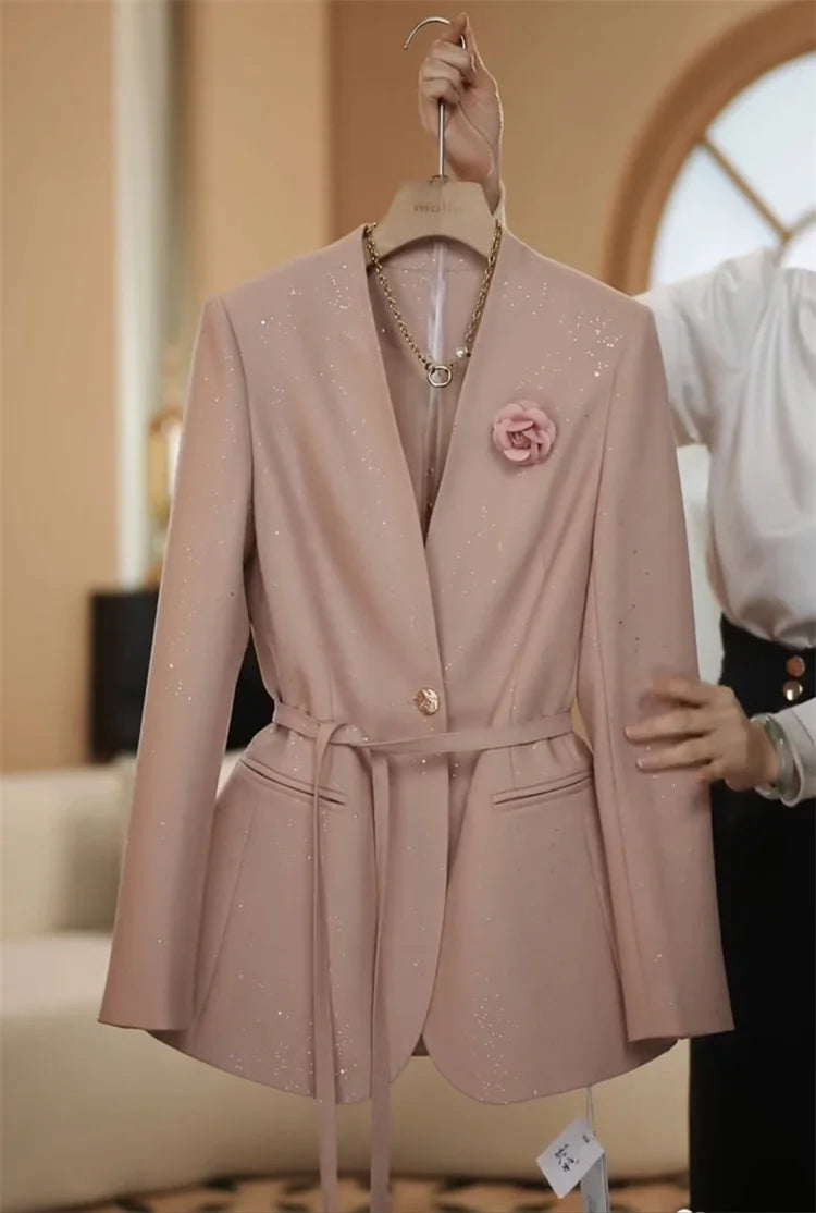 professional sequined suit wide leg pant suit women pants + blazer