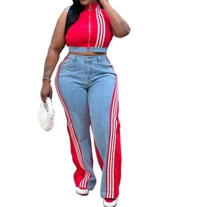 Women's 2 Pieces Sets 2025 Spring Summer Denim Sleeveless Suit Tops And Wide Leg Pants Suits Two Piece Set