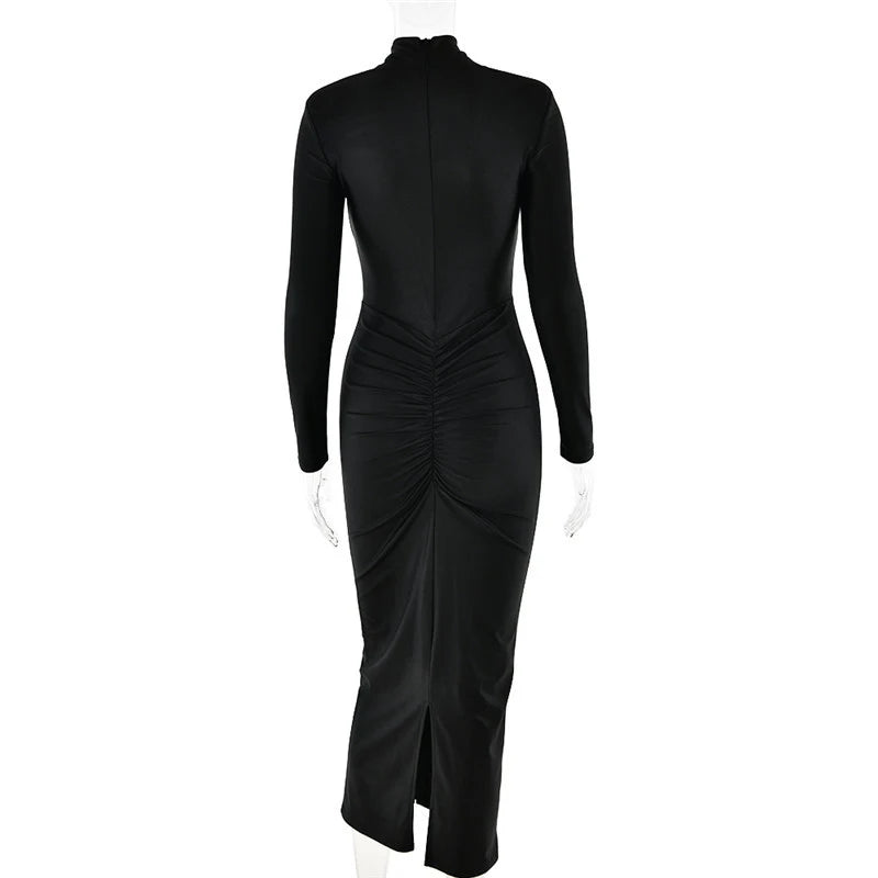 Hollow Out Long Sleeve Maxi Dress For Women Metal Buckle Bodycon Cocktail Dress
