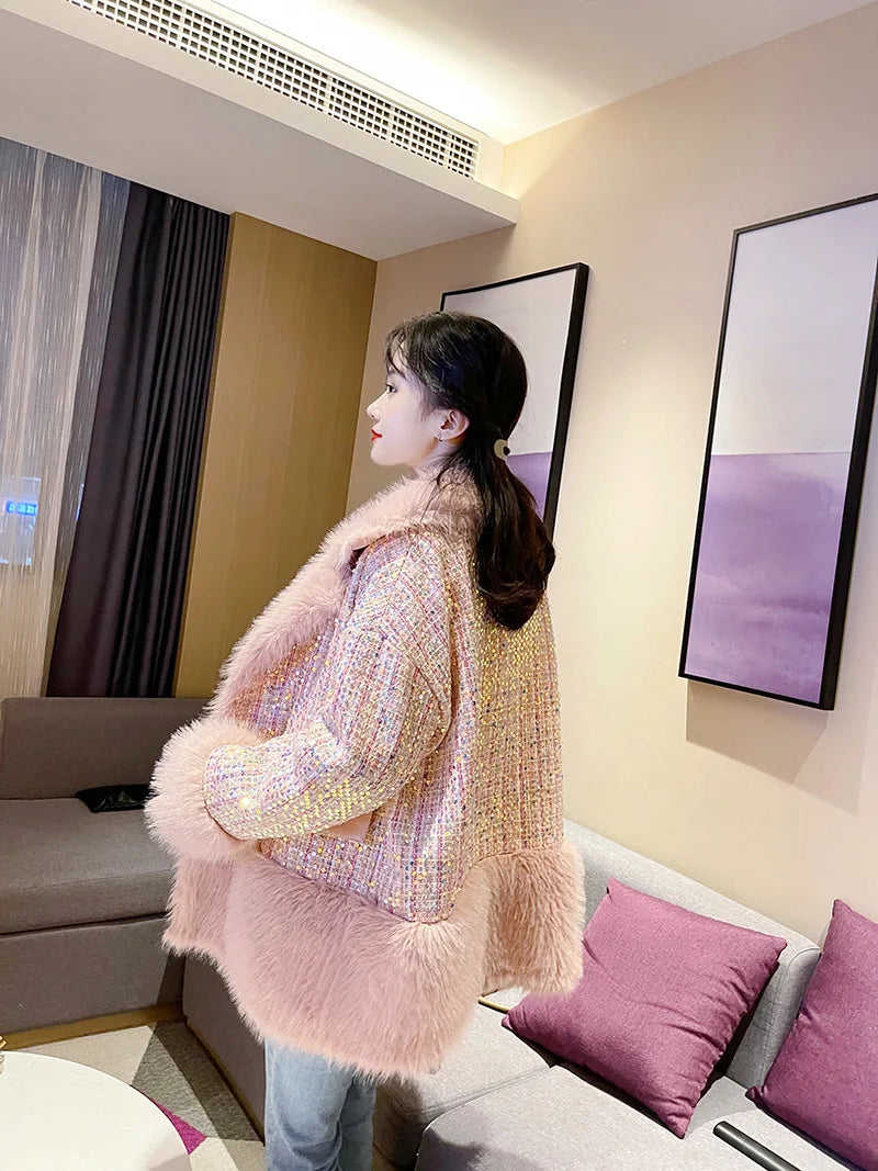 Glitter Coarse Wool Blended Fur Coat Long Sleeve Loose Coat