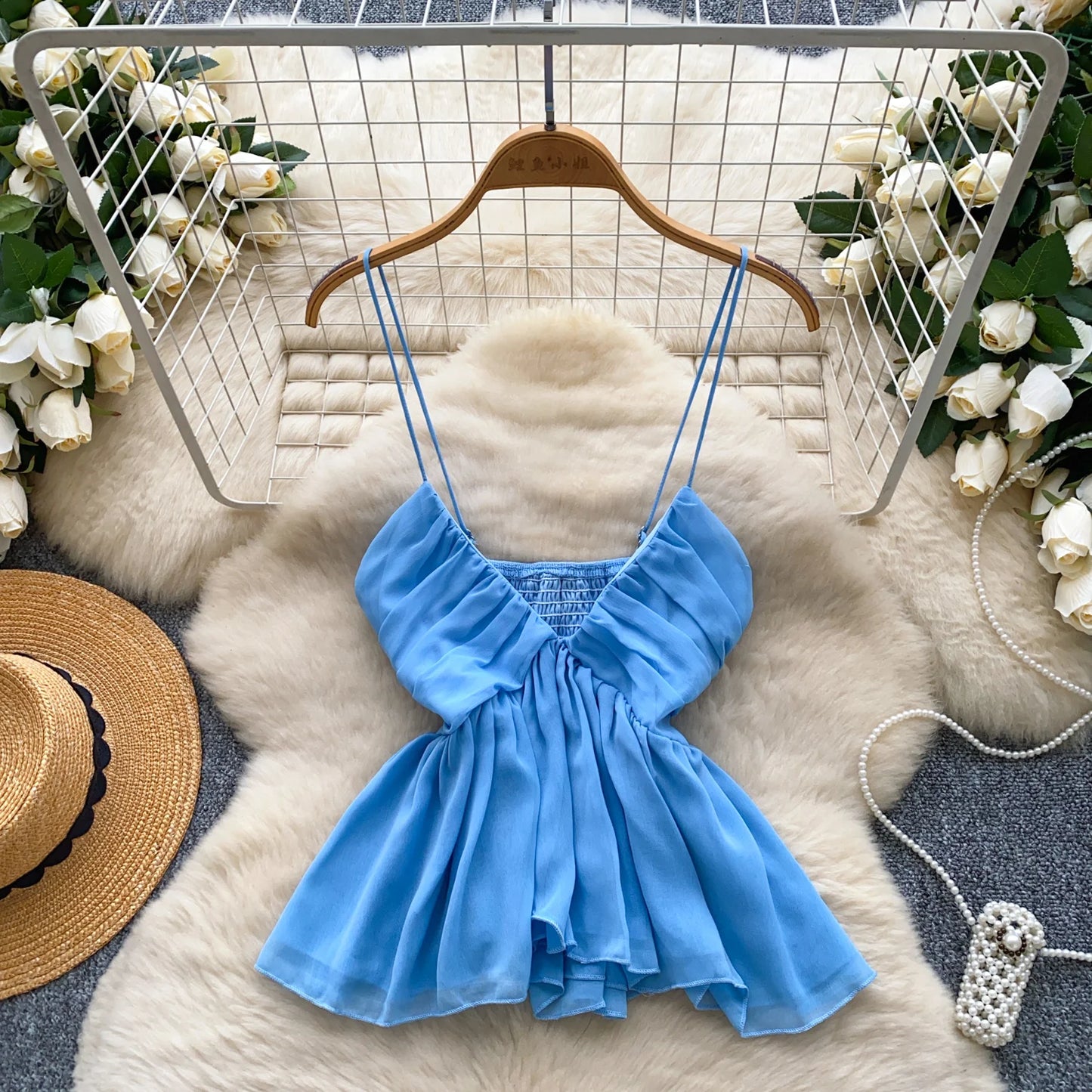 Chiffon Tops Straps Deep V Backless Top Ruffles Short Tank Top Vacation Style Sexy Tops