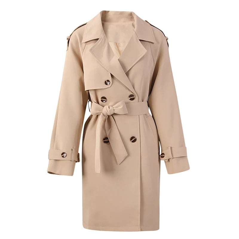 Women Khaki Pleated Elegant Trench New Lapel Long Sleeve Windbreaker Trench Coat