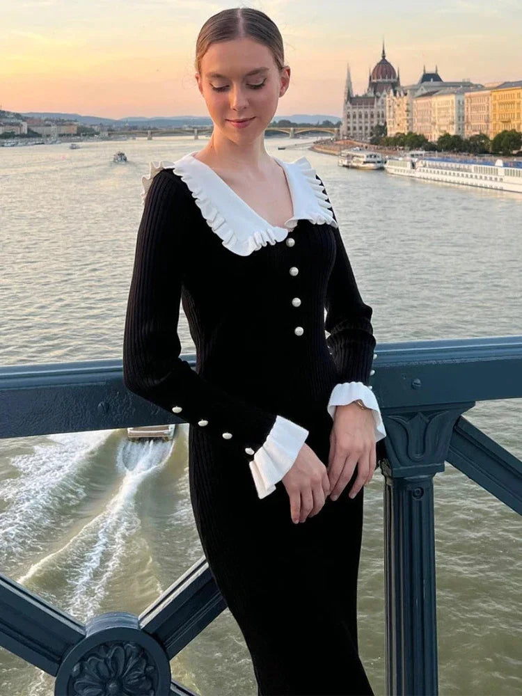 Retro Elegant High Waist Ruffled Maxi Sweater Dresses Knitted Dress
