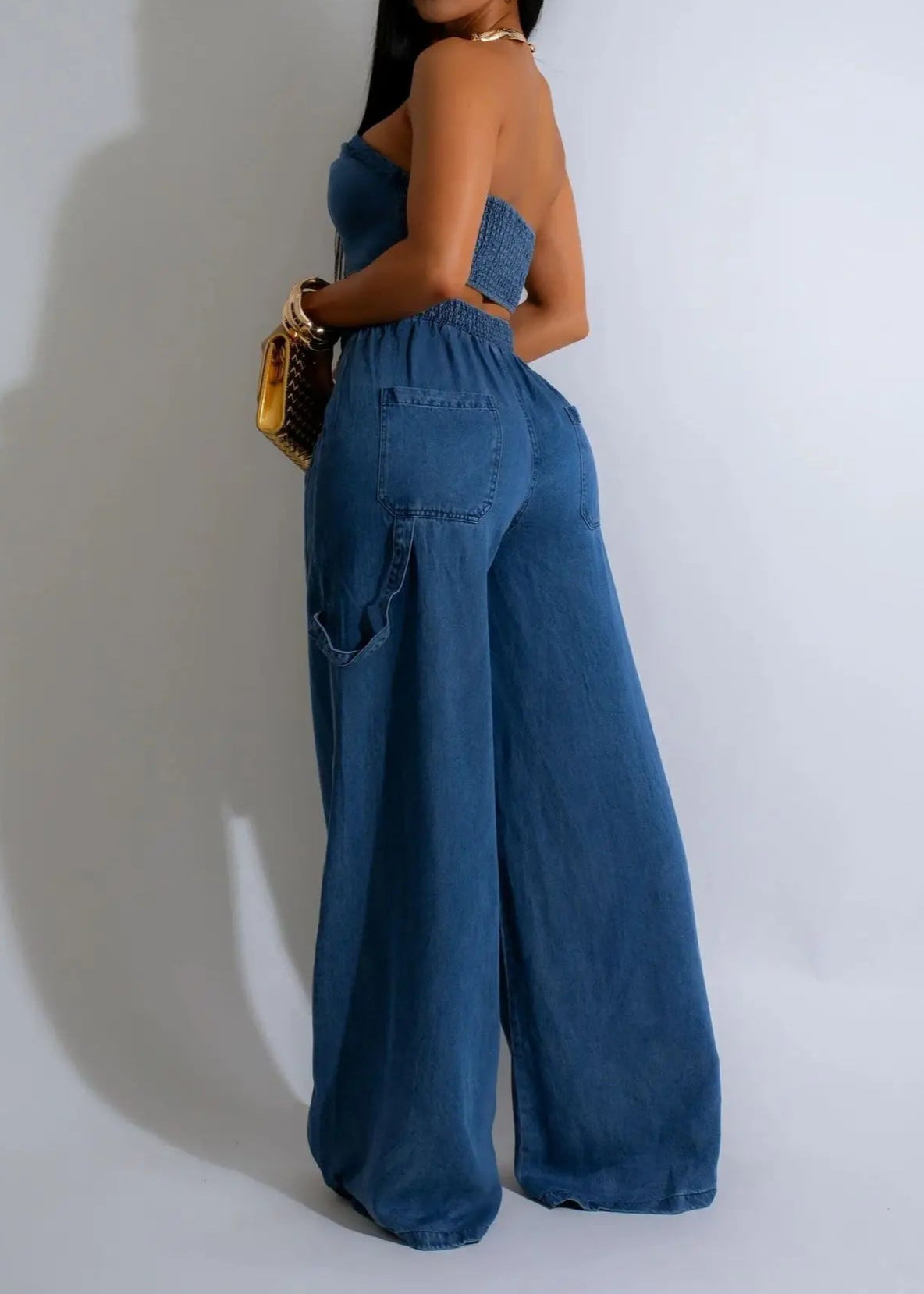 Denim Women's Set Strapless Crop Top and Wide Leg Jeans Pants Two 2 Piece Sets Outfit
