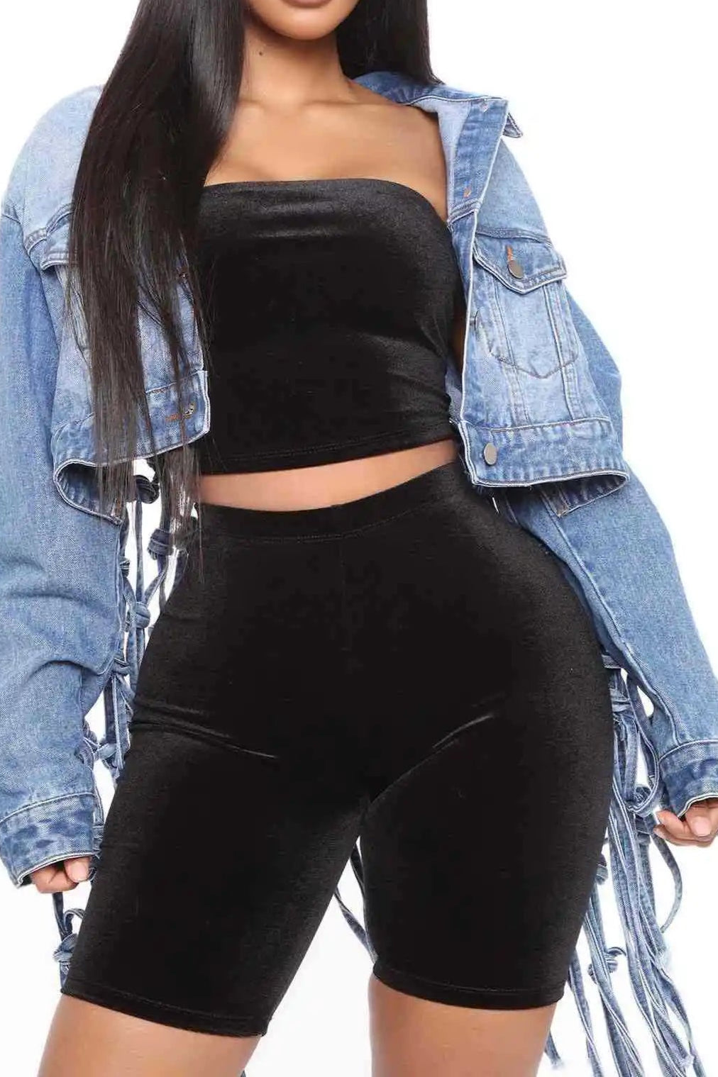 Women Denim Jacket Back Grid Fringe Personalized Jacket Coat