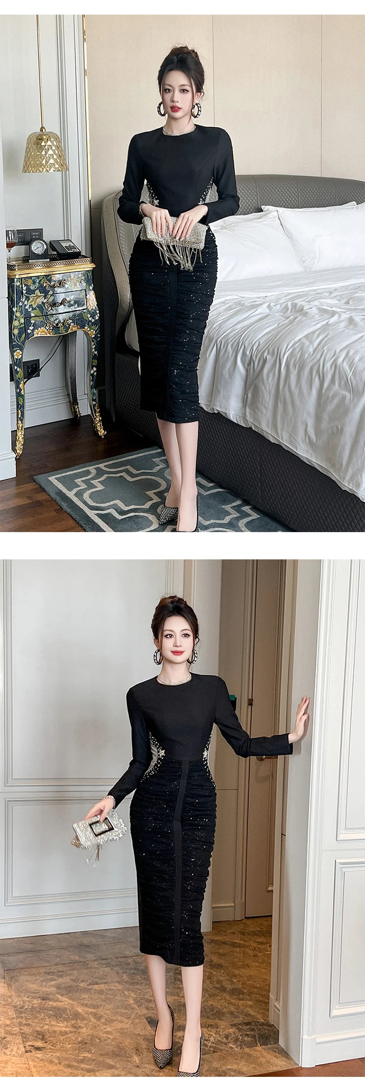 French Elegant Formal Shiny Rhinestone Folds Bodycon Midi Dress