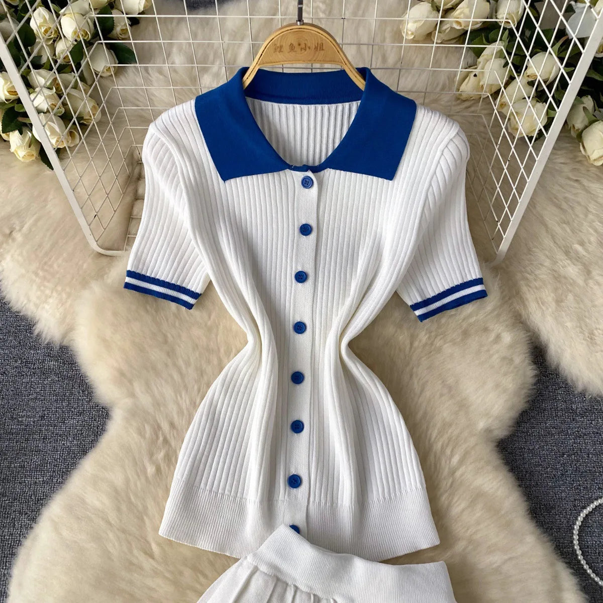 Mini Skirt Set Women Two Piece Sets Polo Collar Knit Shirt Tops Skirt Sets Casual Y2k