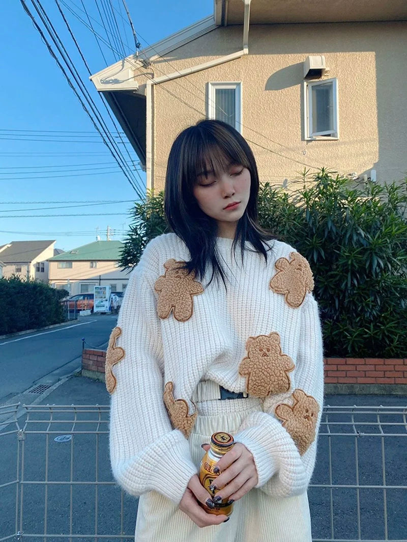 Sweet Cartoon Bear Sweater Women Cute Knitted Pullover Oversized Knitwear