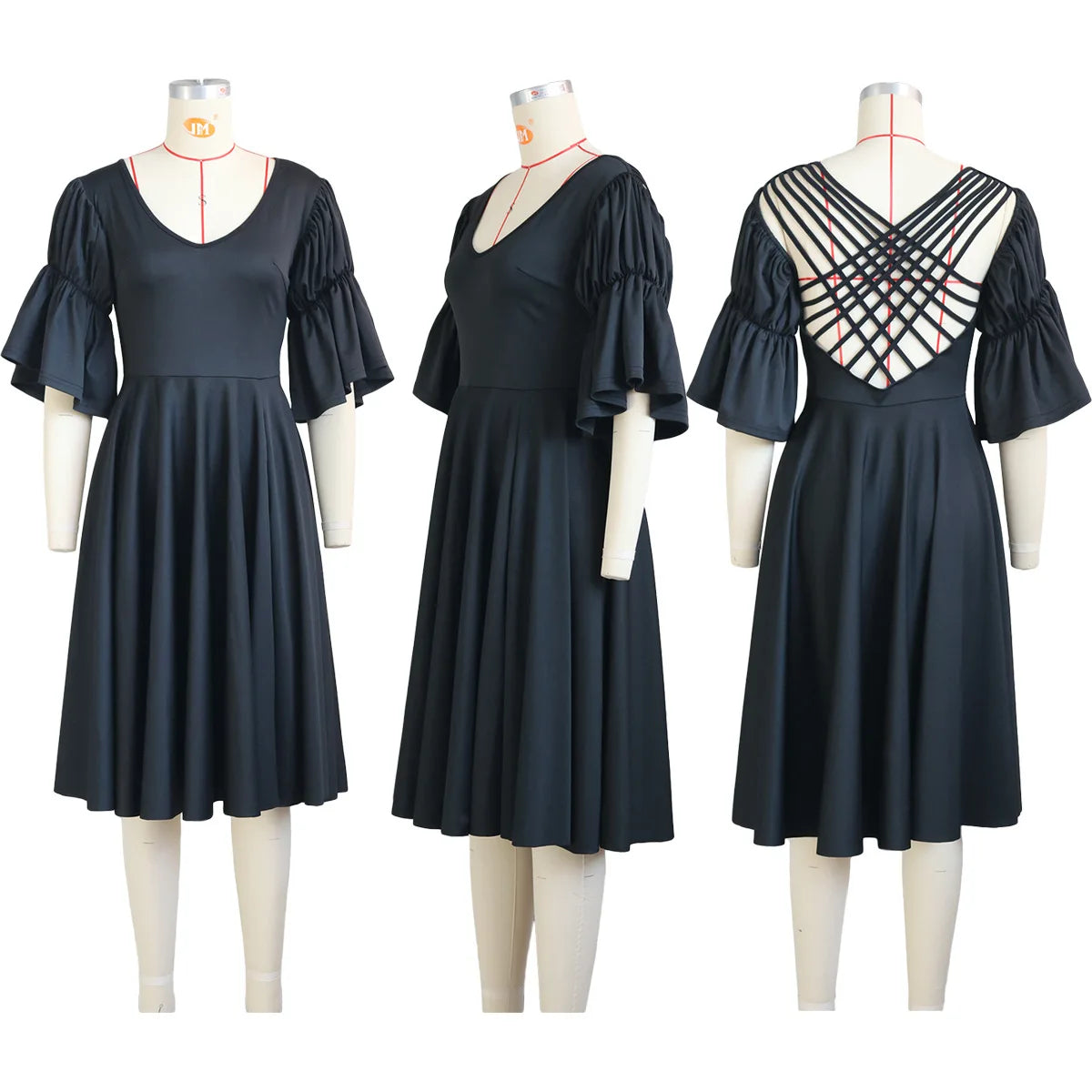 Vintage Women Criss Cross Open Back Lantern Half Sleeve V-neck Big Swing Dress