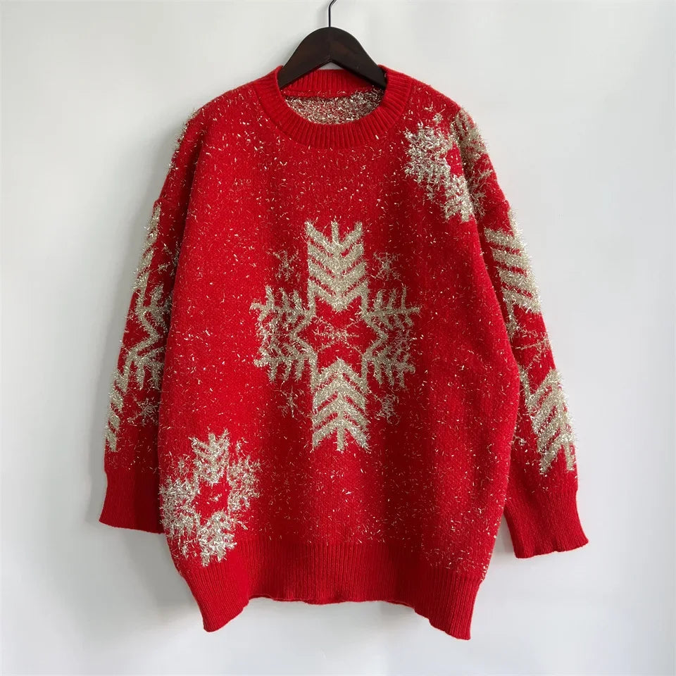 Loose-fit Line Big Snowflake Christmas Sweater Women's Pullover Thickened Crew Neck Sweater