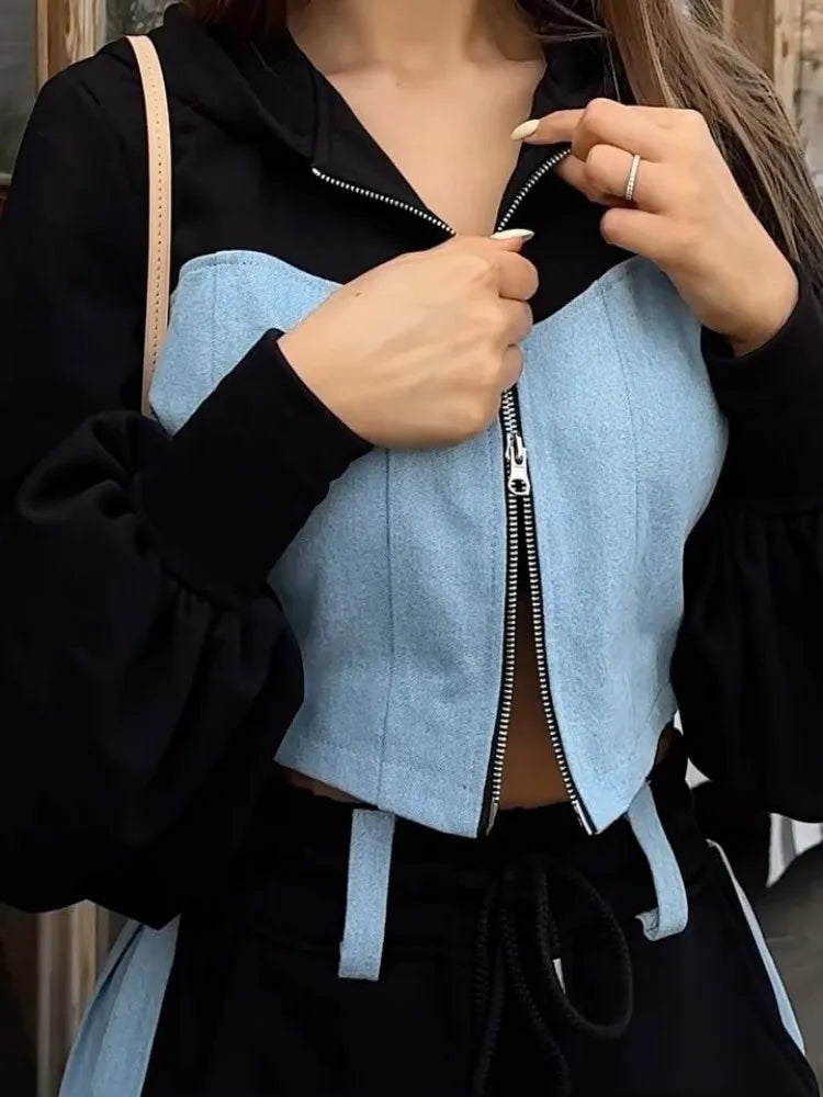 Patchwork Denim 2 Piece Sets Women Outfit Slim Hoodies Crop Top Wide Leg Sweatpants Suits
