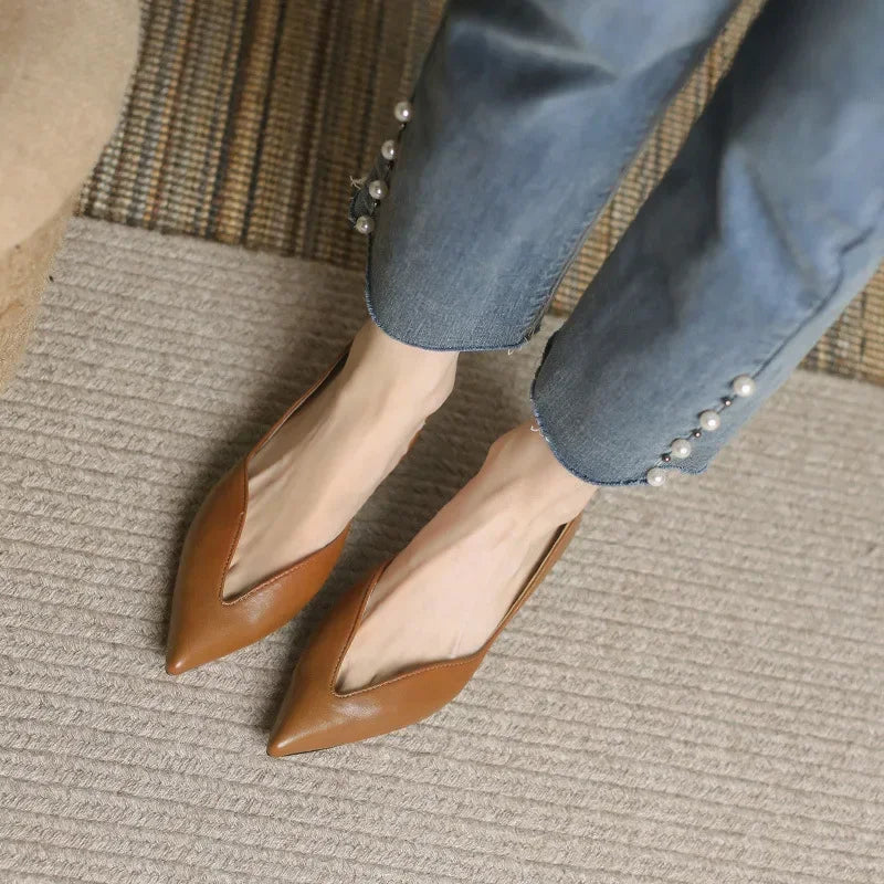 French Pointed Leather Shoe Simple Comfort Sheepskin Elegant Low Heel Shoes