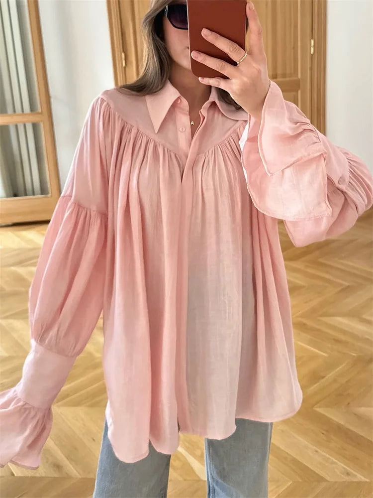 Summer Ruffled Loose Shirts For Women Lapel Long Sleeve Casual See-Through Blouse