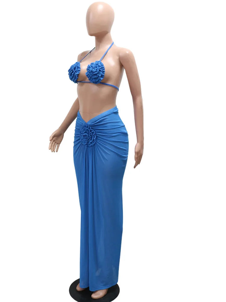 Women's Royal Blue 3D Flower Bikini Set 3 Pieces Outfits Summer Sheer Mesh Beach Cover-Up Set Swimsuits
