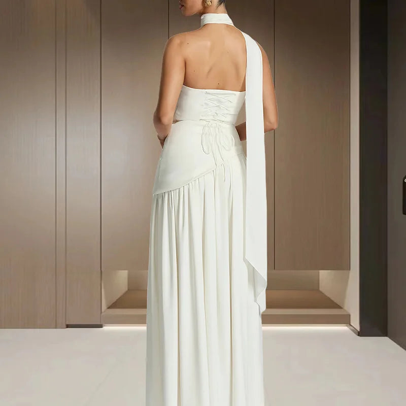 Elegant Strapless Scarf Neck Pleated Dress Woman Sexy Slim Solid Backless Evening Dress