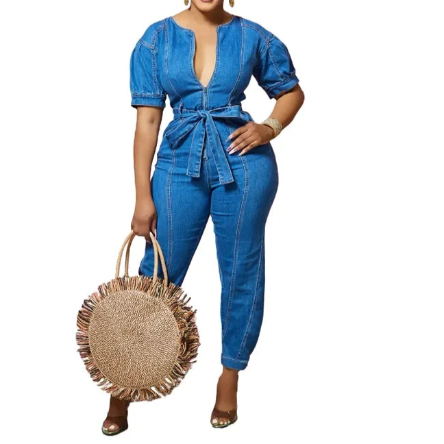 Denim Jumpsuit for Women Lace-up Pencil Pant Jeans Short Sleeve Sashes Long Rompers Playsuits One Piece Overalls Outfits