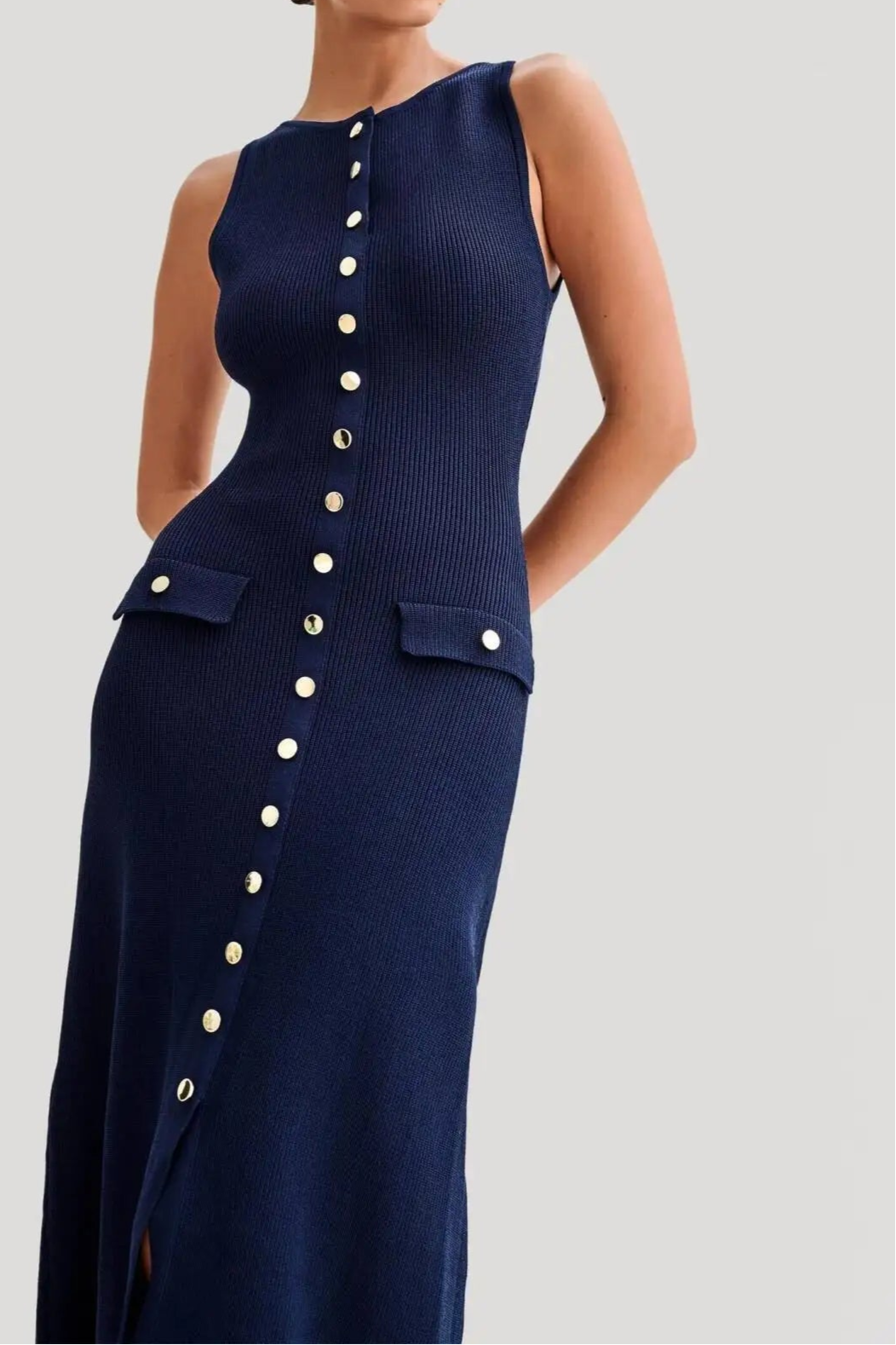 Elegant Knitted Long Dresses Women O Neck Sleeveless Single Breasted Bodycon Midi Dress