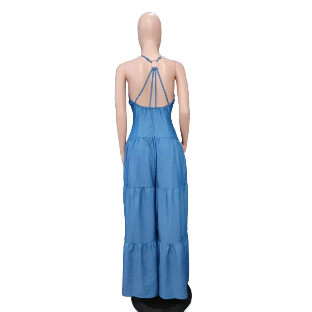 Stylish Women's Sleeveless Jumpsuits Casual Flowy Overalls Sexy Halter Rompers for Summer