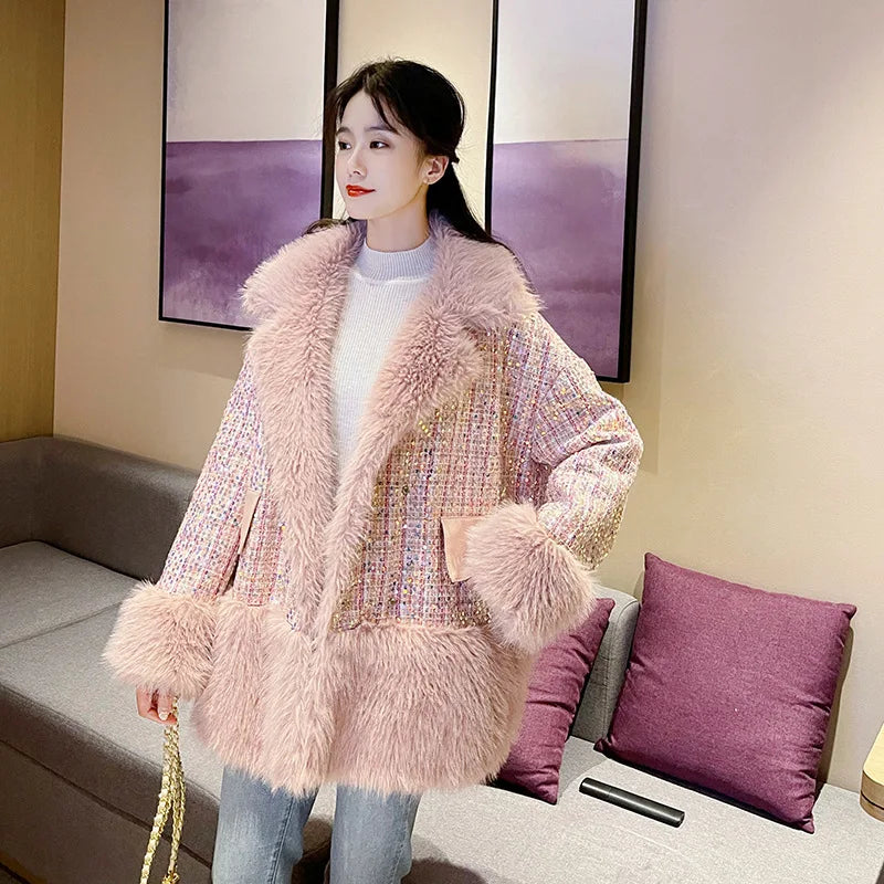 Glitter Coarse Wool Blended Fur Coat Long Sleeve Loose Coat