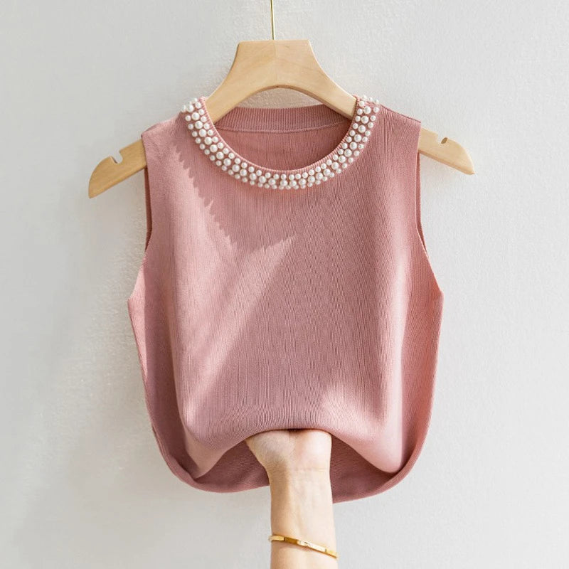 Knitted Sleeveless Beaded Casual Thin Tops