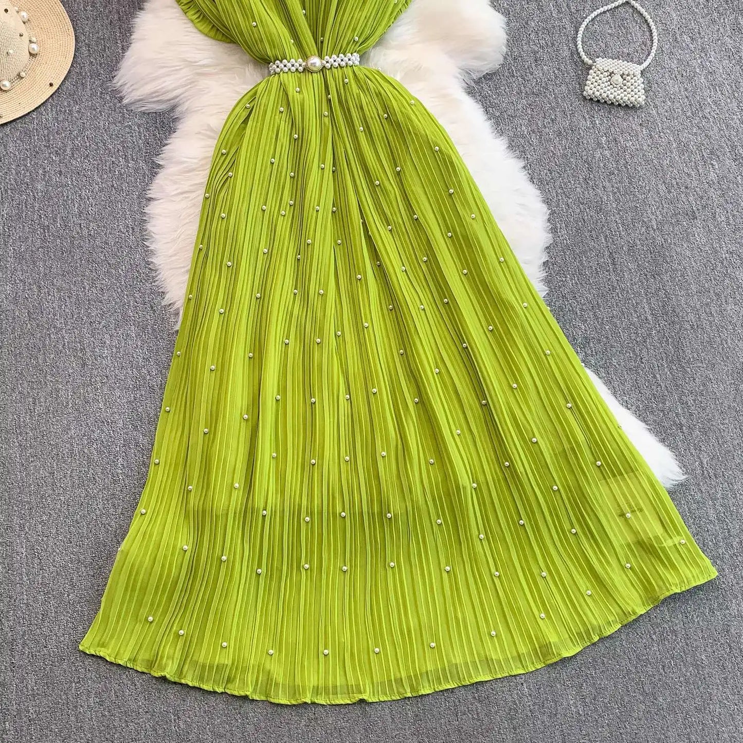 Summer Luxury Pearls Long Chiffon Dress For Women Loose Big Size Short Sleeve Crystal Birthday Evening Midi Pleated Dresses