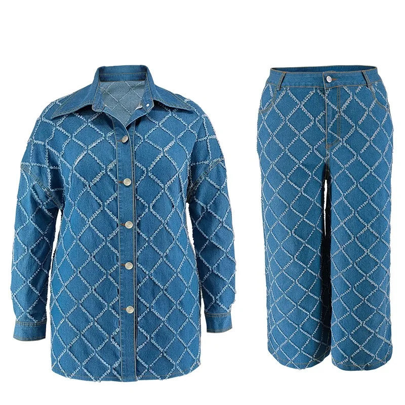 Plus Size Denim Two Piece Sets Women Long Sleeve Tops and Pants Matching Suits