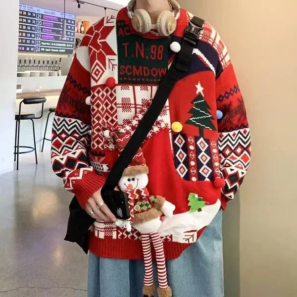 Christmas Style Pullover Sweater Women Y2K Crew Neck Couples Knit Sweater