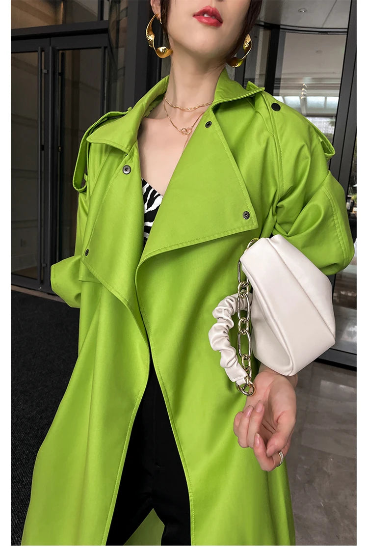 Luxury Long Oversized Bright Green Faux Leather Trench Coat for Women