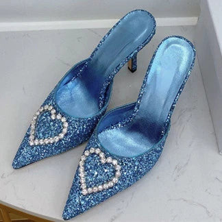 Shallow Mouth High-heeled Women's Shoes Love Rhinestone Shining Thin Heel Pump Slippers