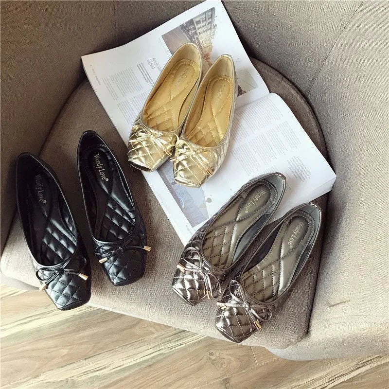 Women Flats Square toe Soft Ladies Shoes Ballet Flats Black Gold Color
