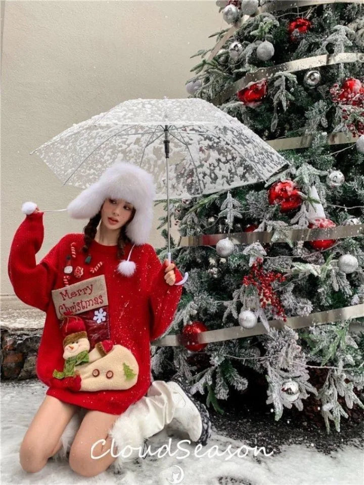 Christmas Sweater Loose New Lazy Thick Sweater Three-dimensional Cartoon Red Sweater