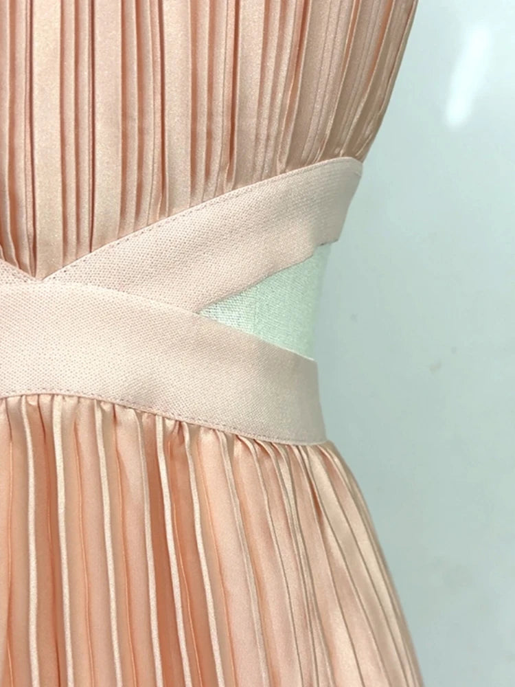 Sexy Halter Neck Cutout Pleated A-line Long Dress Pink Sleeveless Backless Party Dress