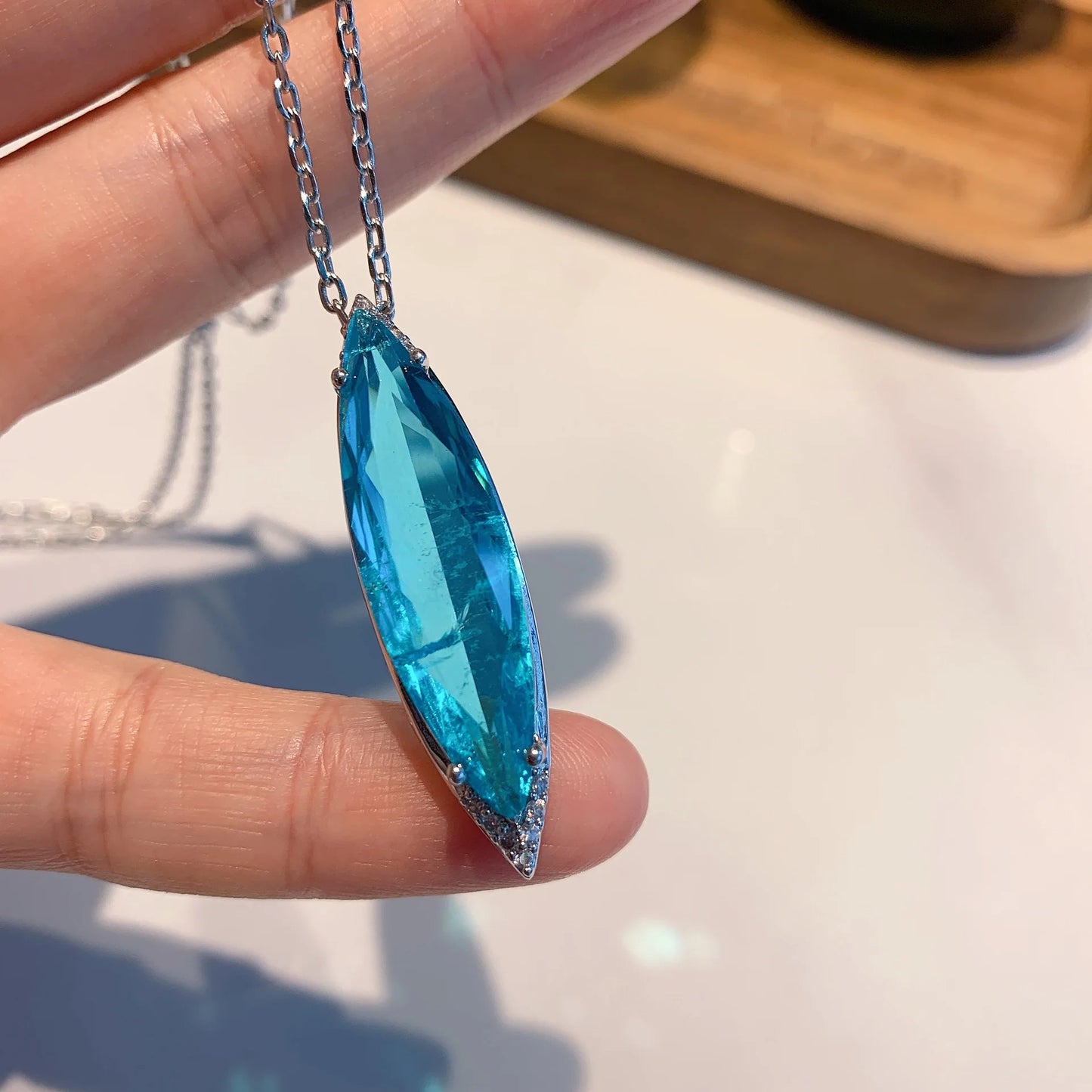 Blue Paraiba Crystal Gemstone Pendant Necklace Jewelry Set Gift for Women