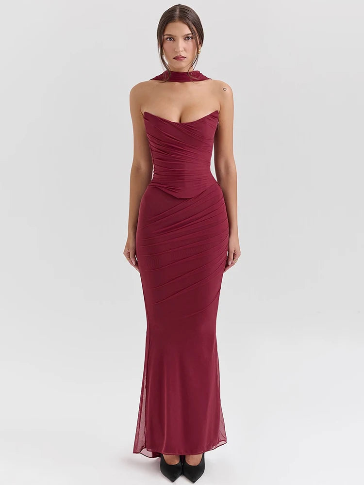 Wine Red Sexy Two Piece Sets Women Neckerchief Strapless Crop Tops And Maxi Skirt Sets