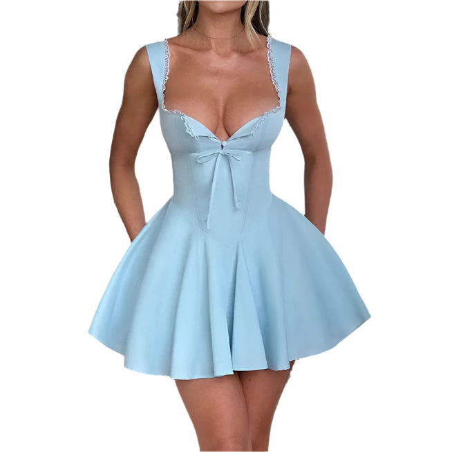 Sleeveless Lace Splicing Spice Slip Dress Slim Backless Ballet Pompadour Dress V-neck High-waisted Mini Dress