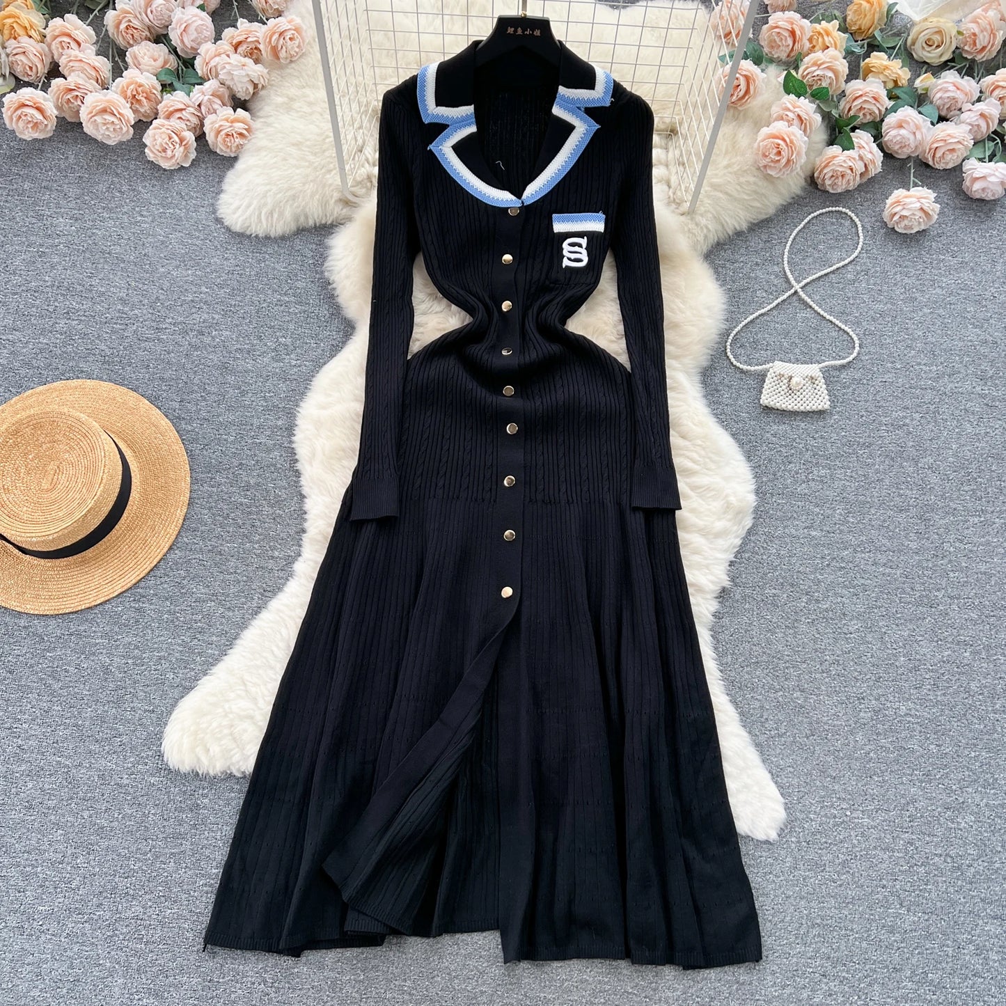Women Polo Dress Single Breasted Pocket Design Bodycon Knitted Dress Sweater Midi Dress