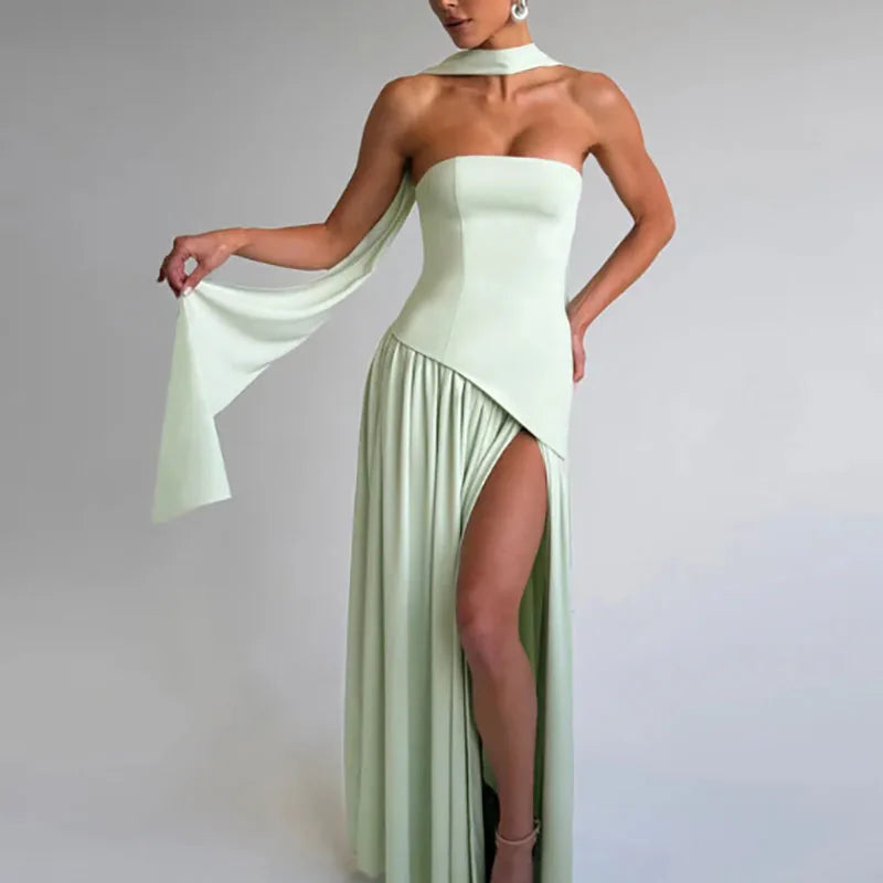 Elegant Strapless Scarf Neck Pleated Dress Woman Sexy Slim Solid Backless Evening Dress