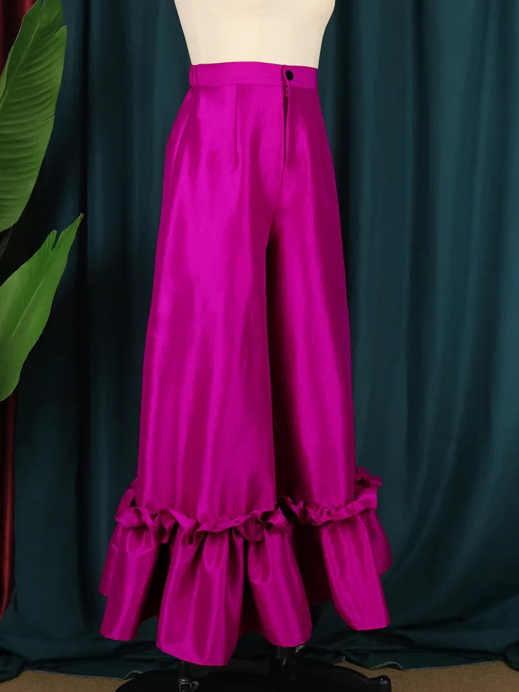 Women Pants High Waist Flare Pants Slim Fit Sexy Solid Ruffles Loose Casual Regular Wide Leg Long Trousers