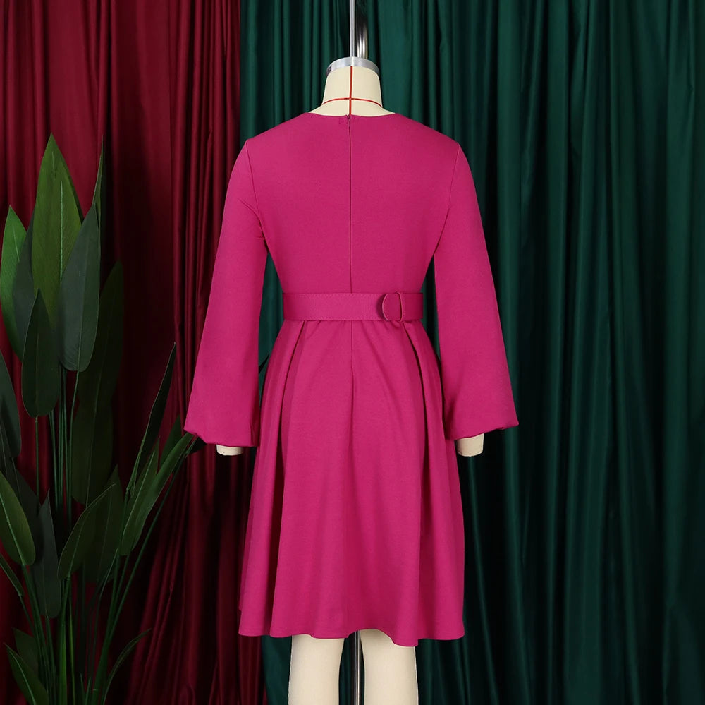 Elegant Office Dresses Women O Neck Full Sleeve Belt Waisted Pleated A Line Mid Calf Formal Female Business Work Wear Dress Midi
