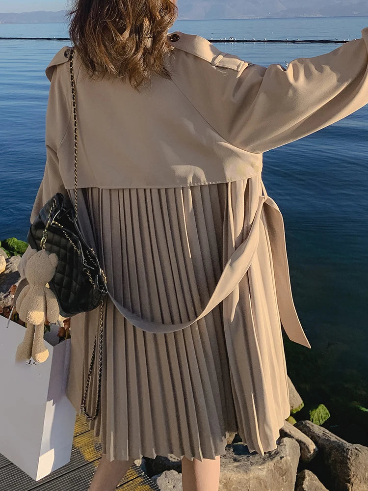 Women Khaki Pleated Elegant Trench New Lapel Long Sleeve Windbreaker Trench Coat