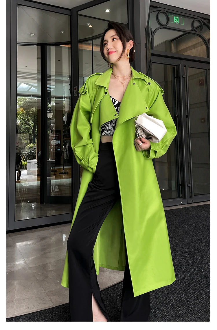 Luxury Long Oversized Bright Green Faux Leather Trench Coat for Women