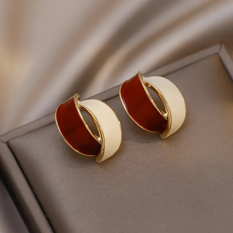 Double Arc Cross Enamel Stud Earring for Women Contrast Color Blue Geometric Earring