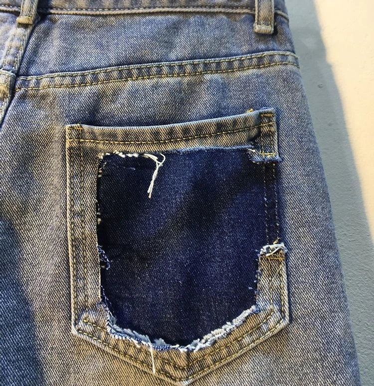 Diamond Beaded Denim Knee Length Shorts Summer Loose High Waist Shorts