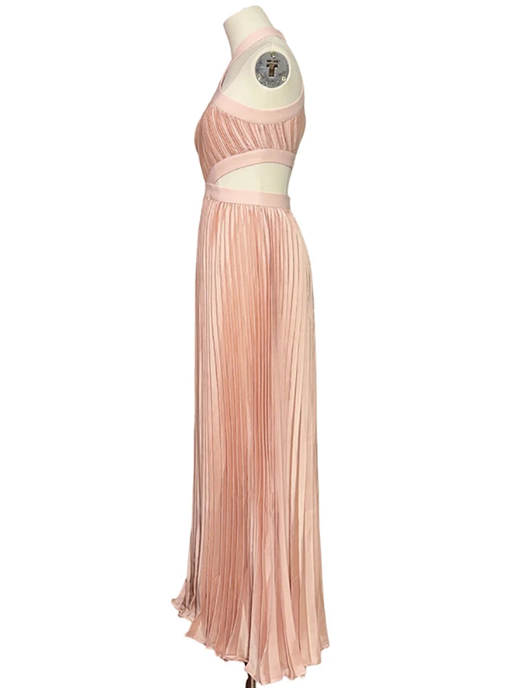 Sexy Halter Neck Cutout Pleated A-line Long Dress Pink Sleeveless Backless Party Dress